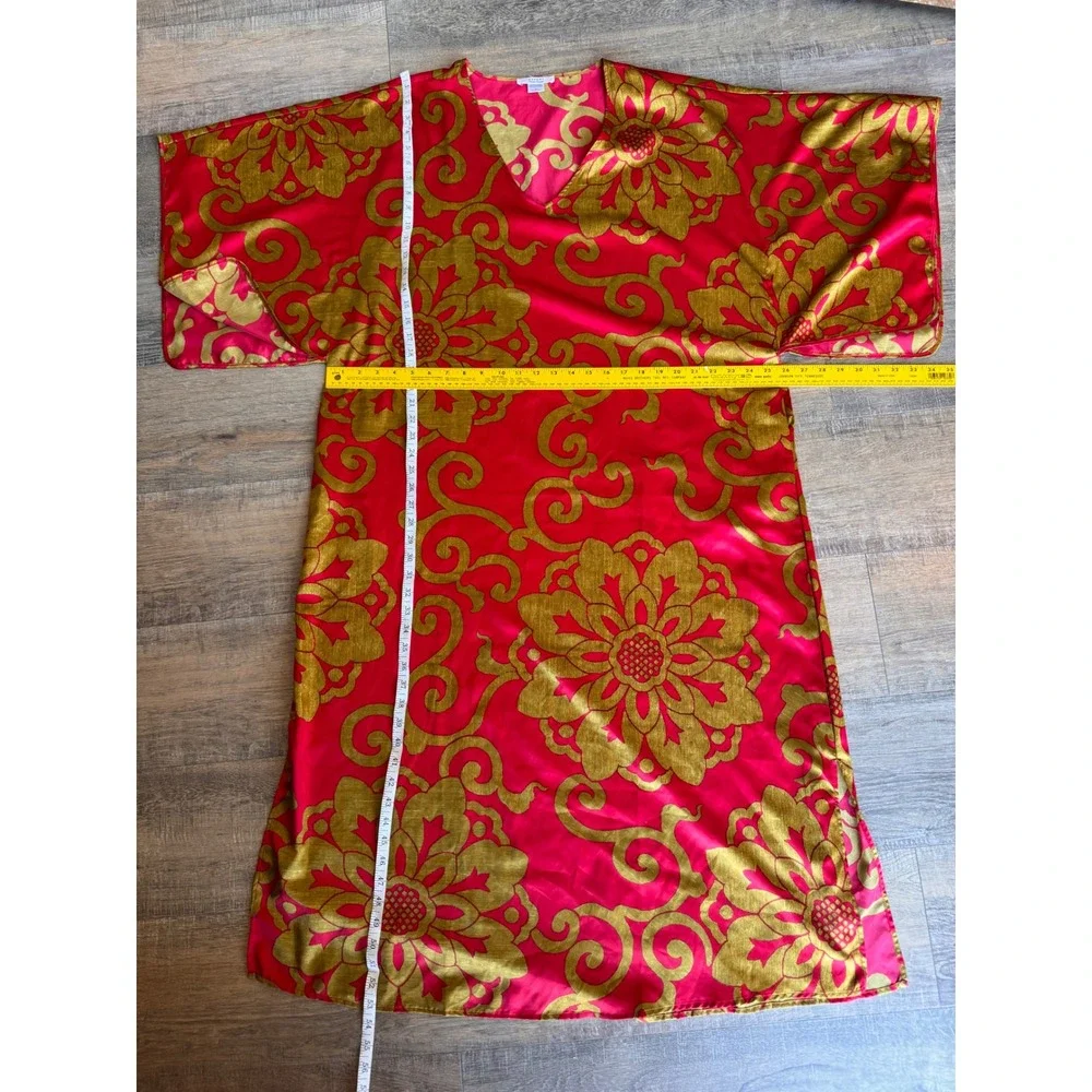 Natori Private Luxuries Red Gold Floral Damask Caftan Kimono Gown XL Lounger - Picture 4 of 6